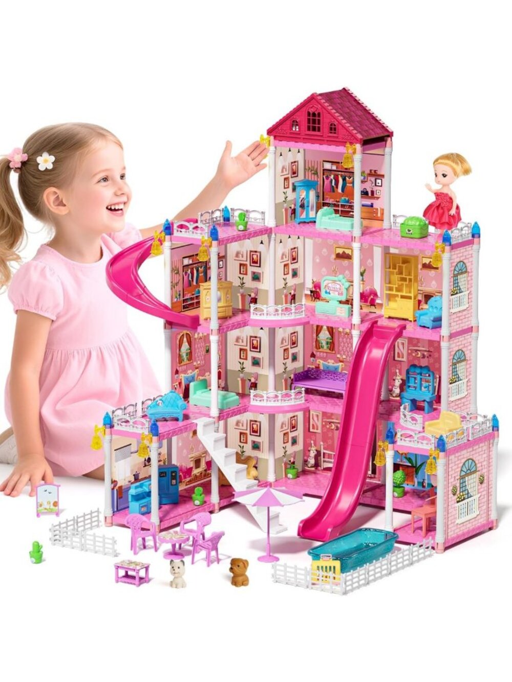4-Story Pink Dollhouse Playset with 12 Rooms, Furniture & Doll - DIY Dream House